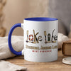 White mug with blue handle featuring "Lake Life" art and Stonewall Jackson Lake, West Virginia.
