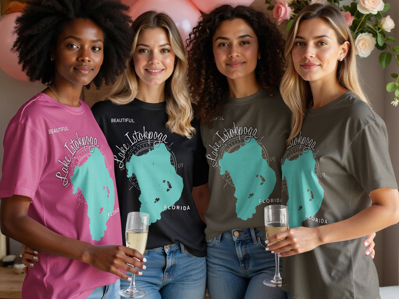 Four women in t-shirts with Lake Istokpoga Florida map design.