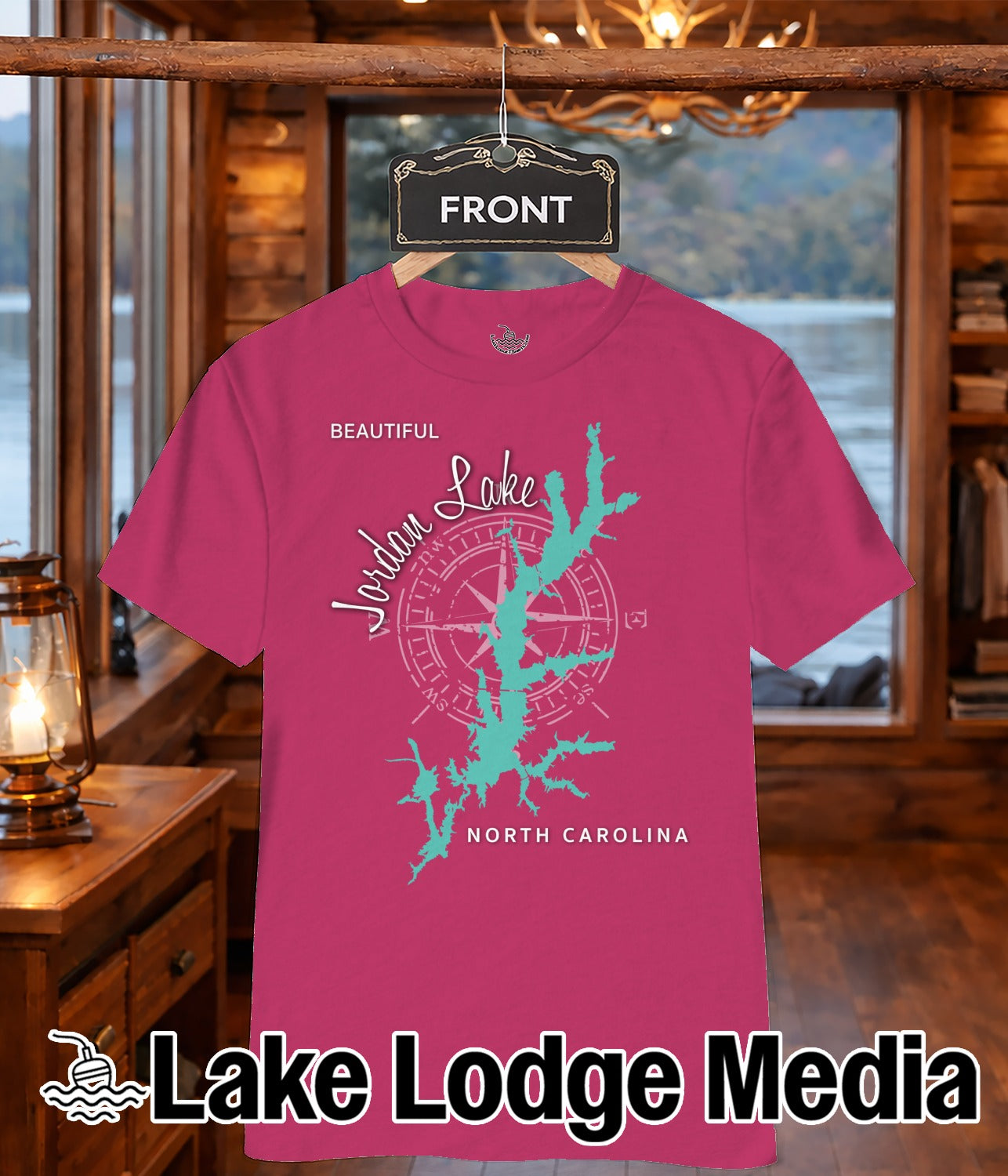 Pink t-shirt with "Beautiful Jordan Lake North Carolina" and compass design.