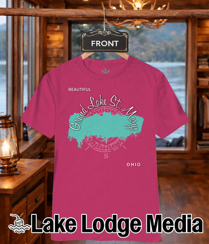 Pink t-shirt with "Grand Lake St. Marys Ohio" map graphic.