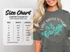 Size chart for Comfort Colors 1717 heavyweight adult tee, table of sizes, width, and length.