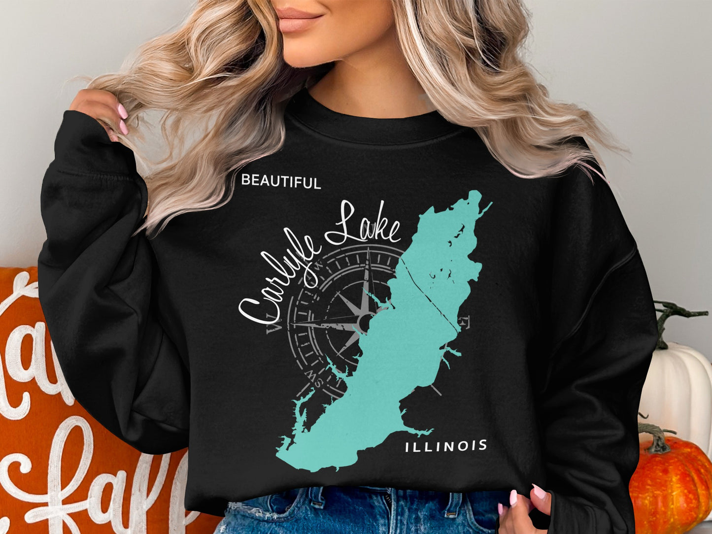 Black sweatshirt with Carlysle Lake Illinois map and compass design.