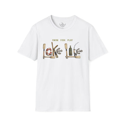 Lake Life T-Shirt | Boat Oars Life Preserver Anchor Letters Rustic Design | Fishing Water Skiing Gift Tee