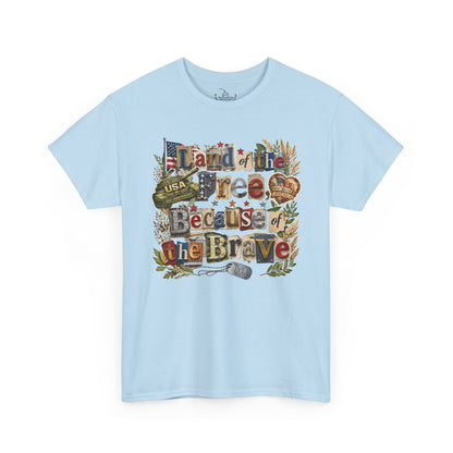 USA 250th Anniversary Land of the Free Because of the Brave T-Shirt | Patriotic Fourth of July Scrapbook Collage Design