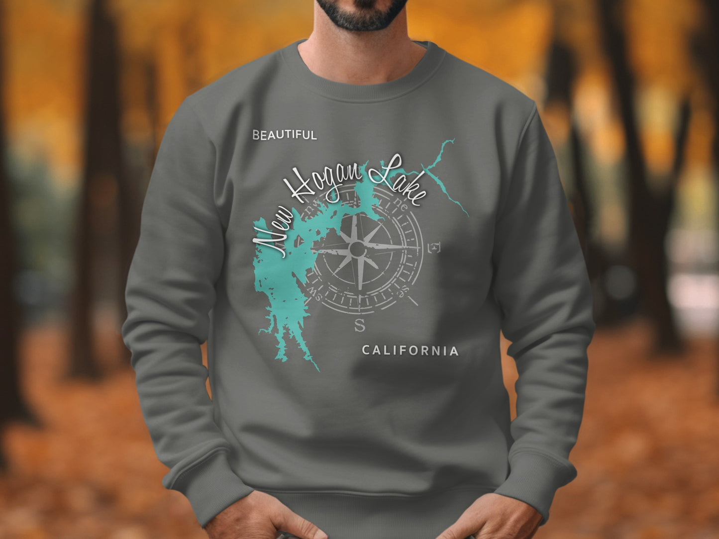 Dark gray sweatshirt with New Hogan Lake map and compass graphic.