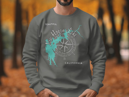 Dark gray sweatshirt with New Hogan Lake map and compass graphic.