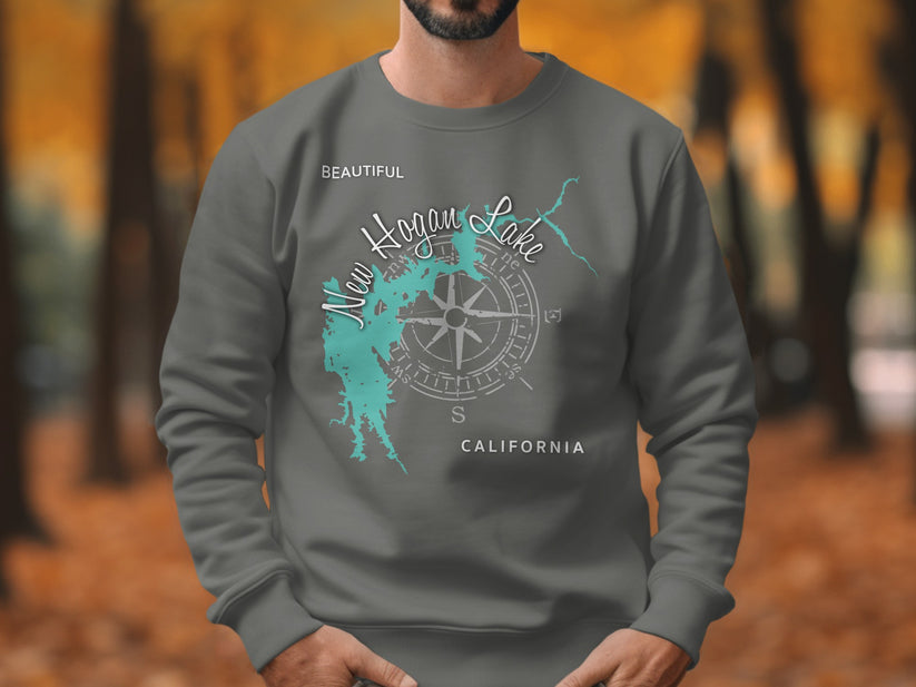 Dark gray sweatshirt with New Hogan Lake map and compass graphic.