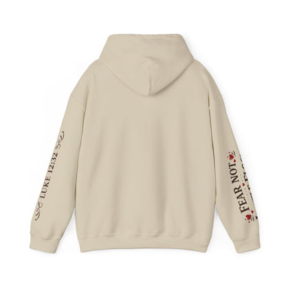 Fear Not Little Flock Hoodie with Printed Sleeves | Luke 12:32 Scripture Heart Design Bible Verse Gift | Share your faith