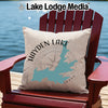 Hayden Lake Idaho pillow on a red Adirondack chair with lake background.