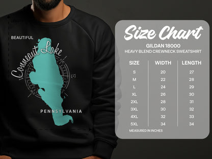 Conneaut Lake, Pennsylvania sweatshirt size chart on black background.