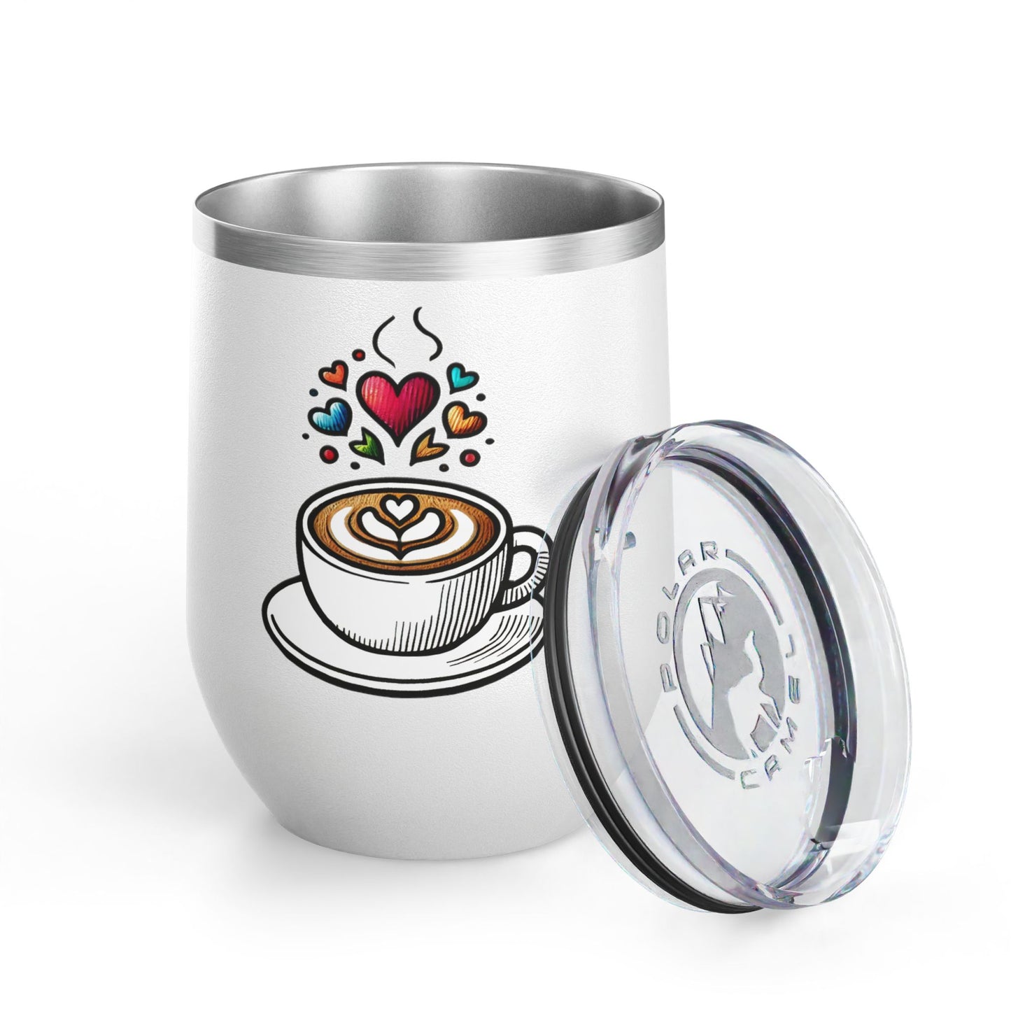 Charming Coffee Wine Tumbler with Lid for Coloring Book Lovers, Heart and Latte Design, Stainless Steel