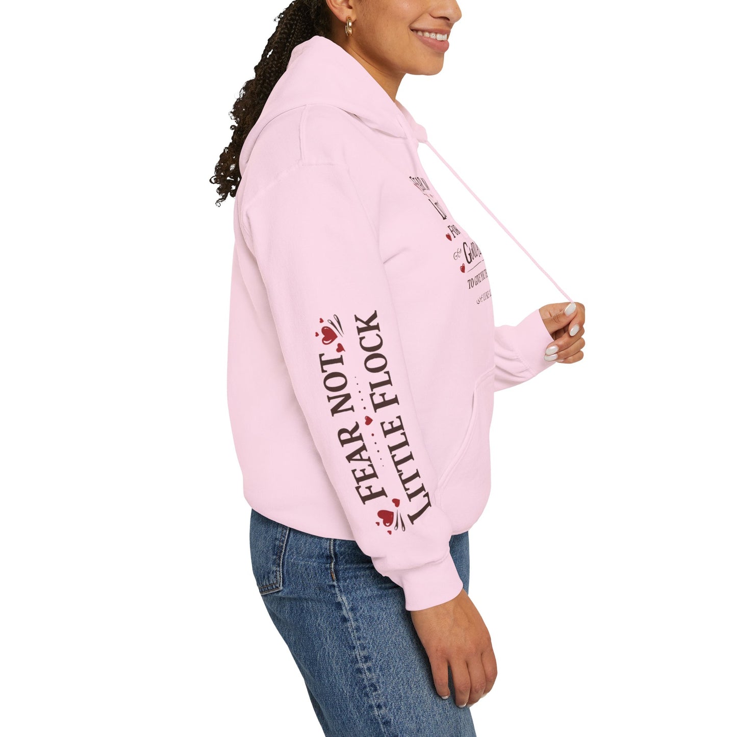 Fear Not Little Flock Hoodie with Printed Sleeves | Luke 12:32 Scripture Heart Design Bible Verse Gift | Share your faith