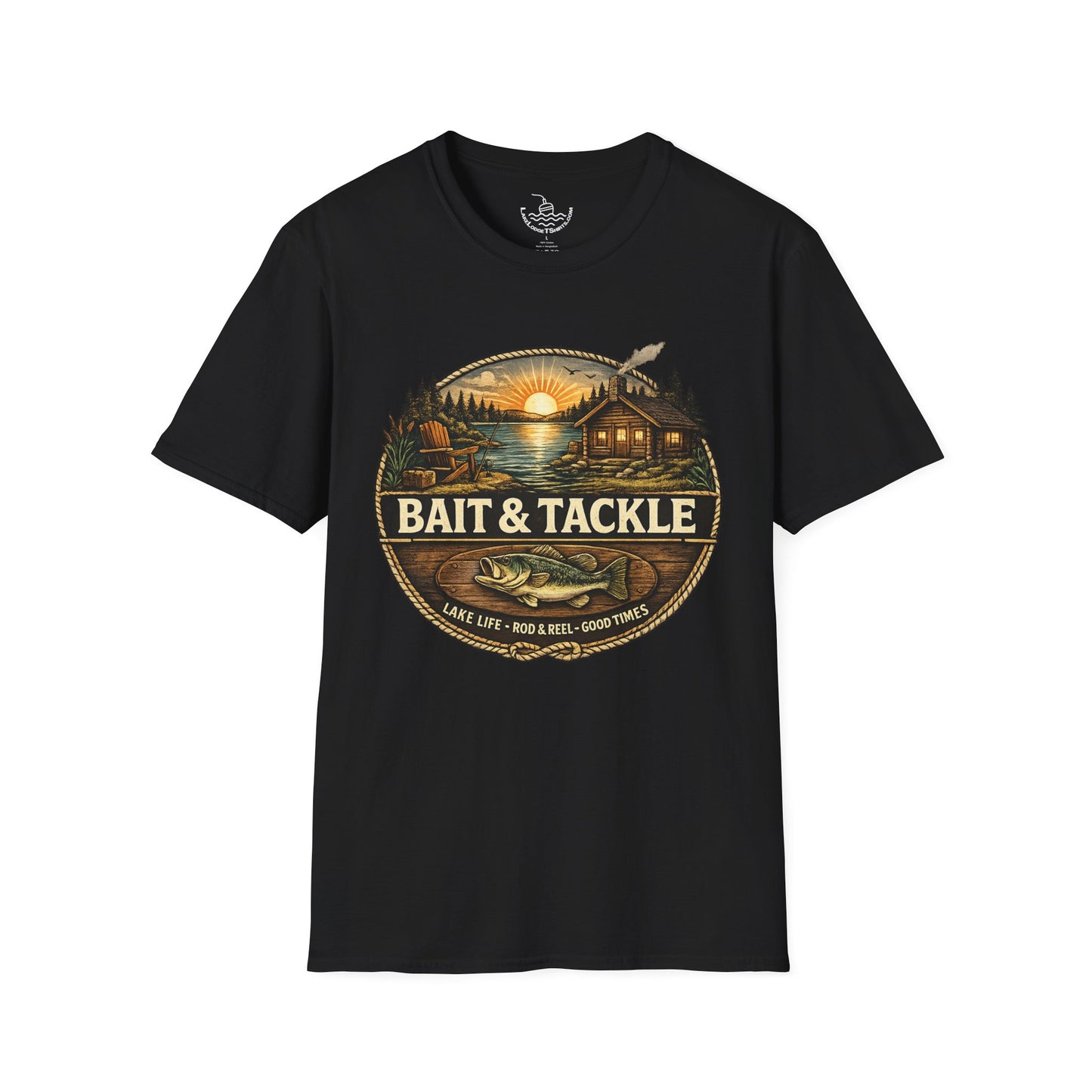 Bait & Tackle Fishing Lake Life T-Shirt | Rustic Lodge Cabin Mounted Bass Fishing Themed Bait Store Shirt