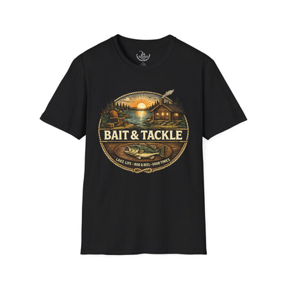 Bait & Tackle Fishing Lake Life T-Shirt | Rustic Lodge Cabin Mounted Bass Fishing Themed Bait Store Shirt
