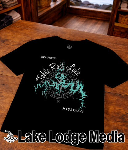 Black t-shirt with a compass rose featuring "Table Rock Lake Missouri" in turquoise text.