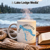 White mug with Lake Charlevoix, Michigan map and compass design.