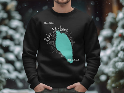 Black sweatshirt with "Beautiful Lake Mohave Nevada" map graphic.