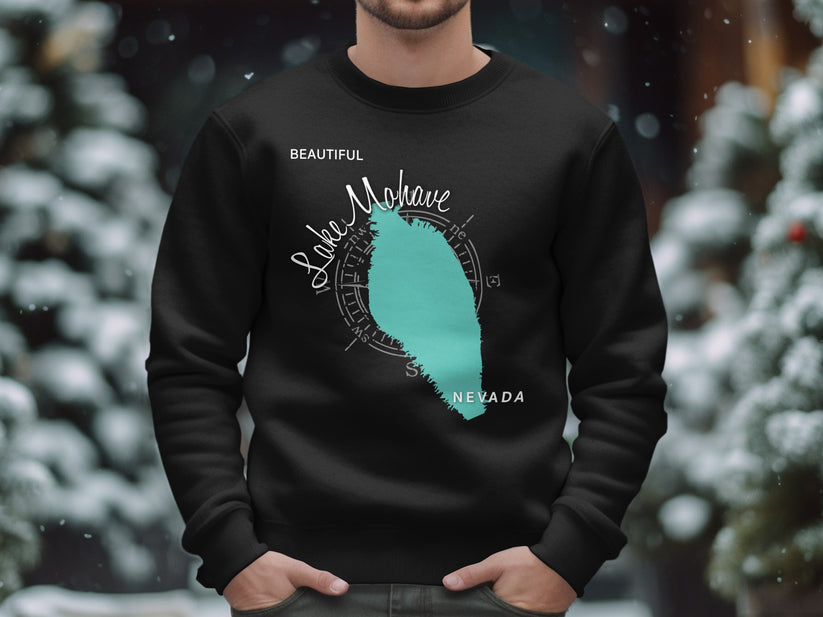 Black sweatshirt with "Beautiful Lake Mohave Nevada" map graphic.