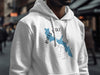 White hoodie with Bass Lake California map and compass design.