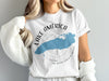 White t-shirt with blue Great Lakes map and compass graphic, text reads "Lake America The United States of America."