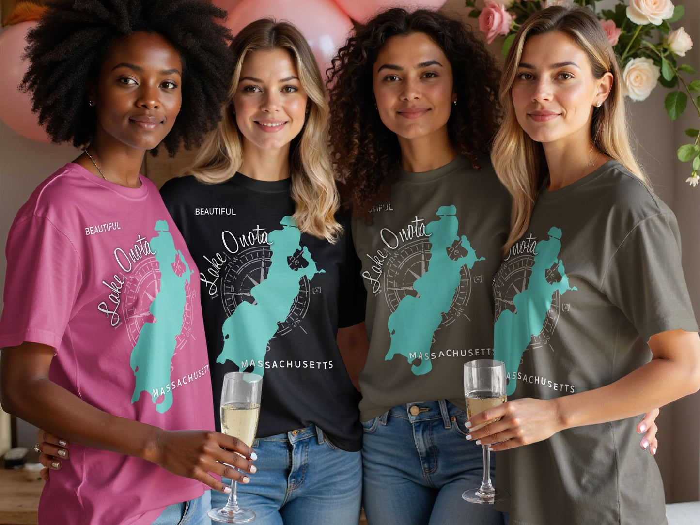 Four women in t-shirts with "Lake Onota Massachusetts" and a compass rose design.