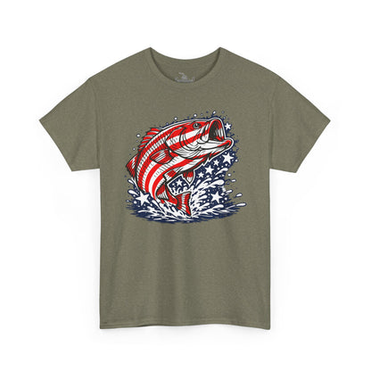 Patriotic Bass Fishing Shirt | American Flag Pride Design on Largemouth Bass with Stars and Stripes Tee for Fourth of July