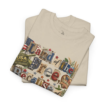 USA 250th Anniversary Land of the Free Because of the Brave T-Shirt | Patriotic Fourth of July Scrapbook Collage Design