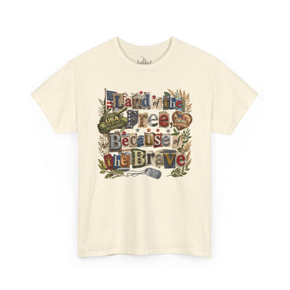 USA 250th Anniversary Land of the Free Because of the Brave T-Shirt | Patriotic Fourth of July Scrapbook Collage Design