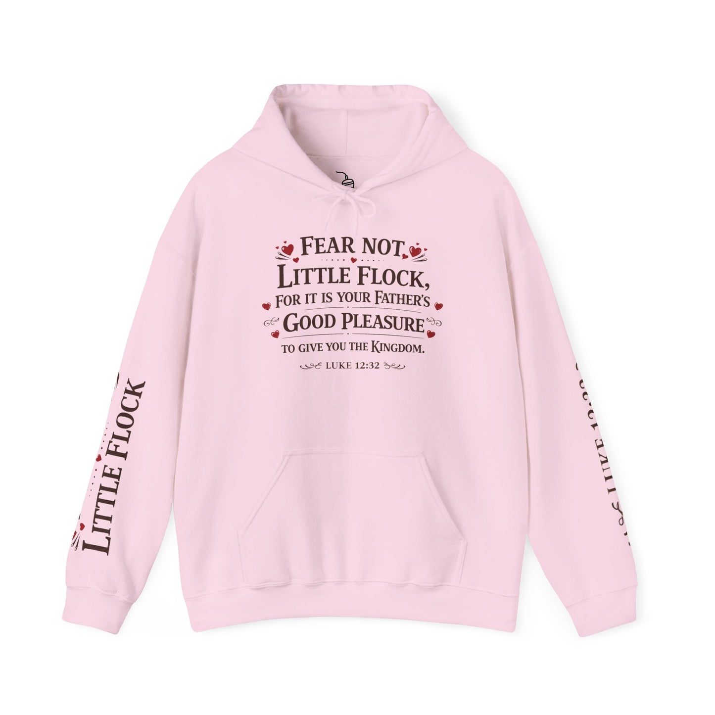 Fear Not Little Flock Hoodie with Printed Sleeves | Luke 12:32 Scripture Heart Design Bible Verse Gift | Share your faith