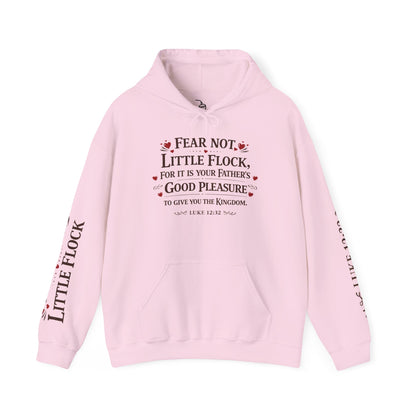 Fear Not Little Flock Hoodie with Printed Sleeves | Luke 12:32 Scripture Heart Design Bible Verse Gift | Share your faith