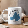 White mug with Lake Mendota Wisconsin map and compass graphic.