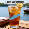 Glass of iced tea with Lake Erie map graphic and lemon slice.