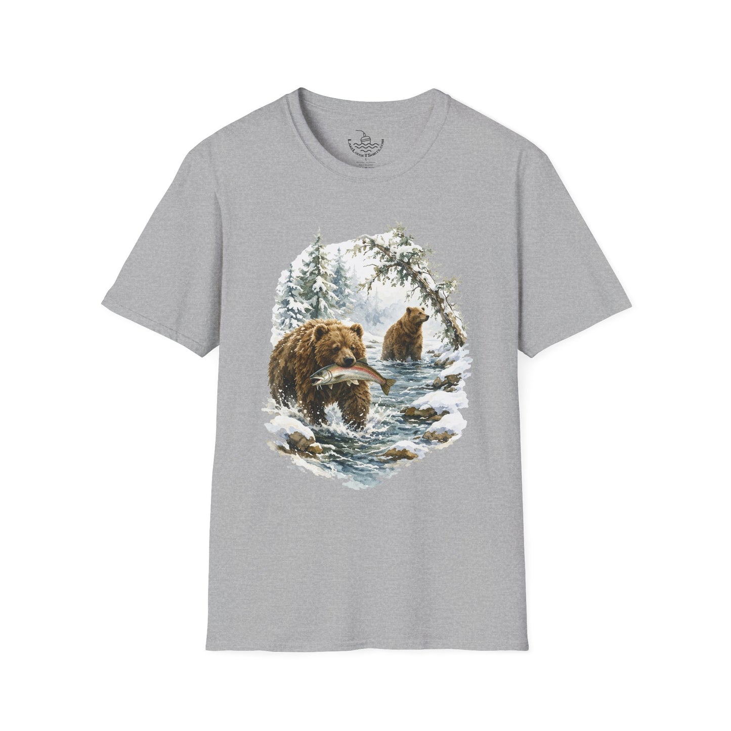 Kodiak Winter Brown Bear Fishing T-Shirt | Wildlife Salmon Catch Nature Lover Tee | Rustic Forest Animal Art Gift Shirt