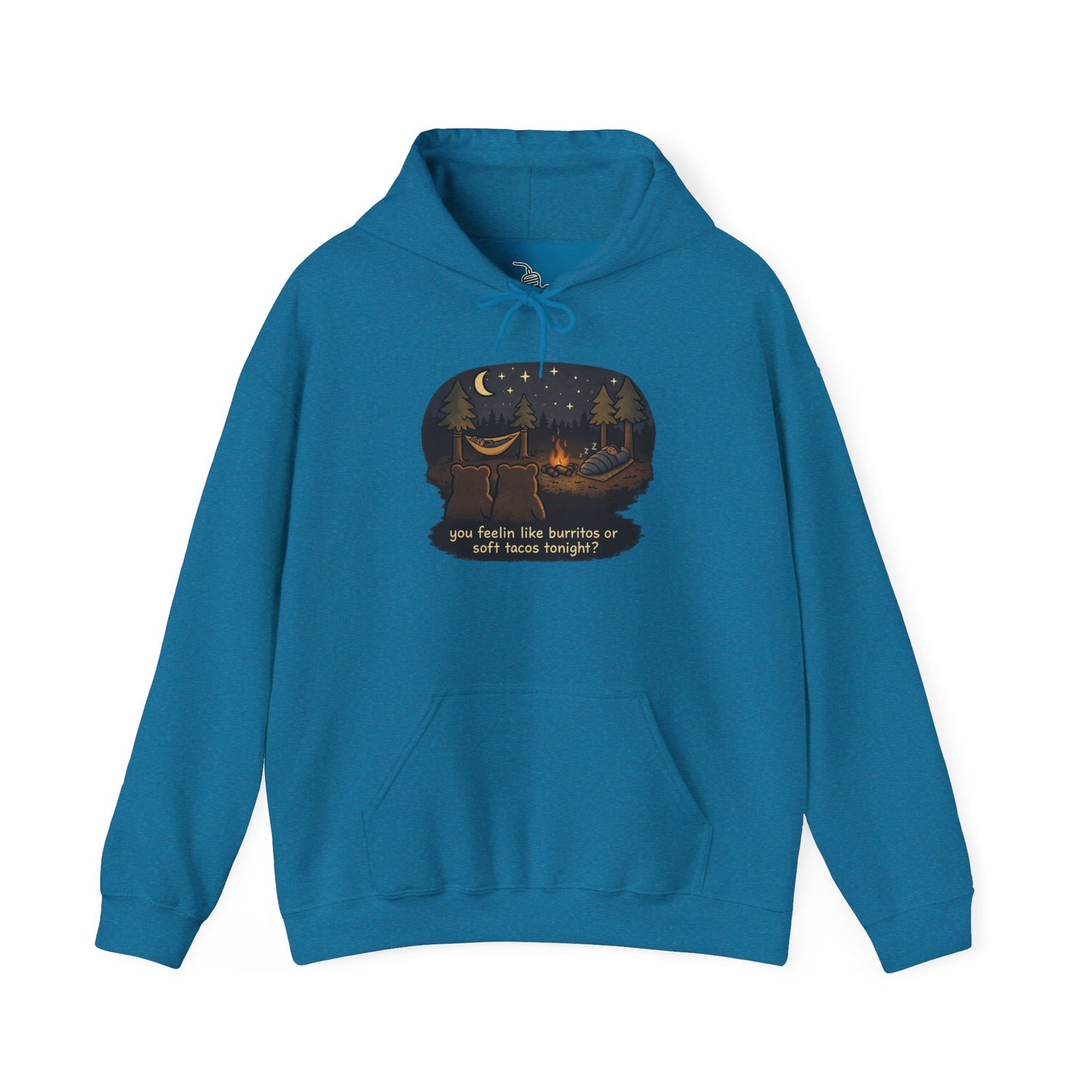 Campfire Bears Humor Hoodie, People in Sleeping Bags are Bear Burritos and Tacos Joke, Camping Hiking Smores Bonfire Apparel