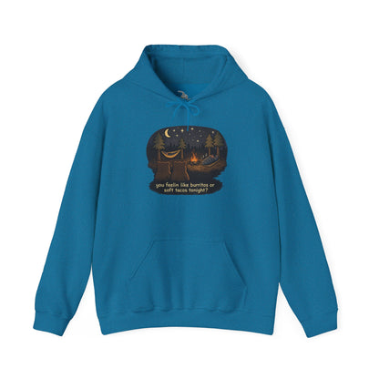Campfire Bears Humor Hoodie, People in Sleeping Bags are Bear Burritos and Tacos Joke, Camping Hiking Smores Bonfire Apparel