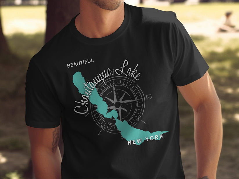Black t-shirt with Chautauqua Lake map outline and compass graphic.
