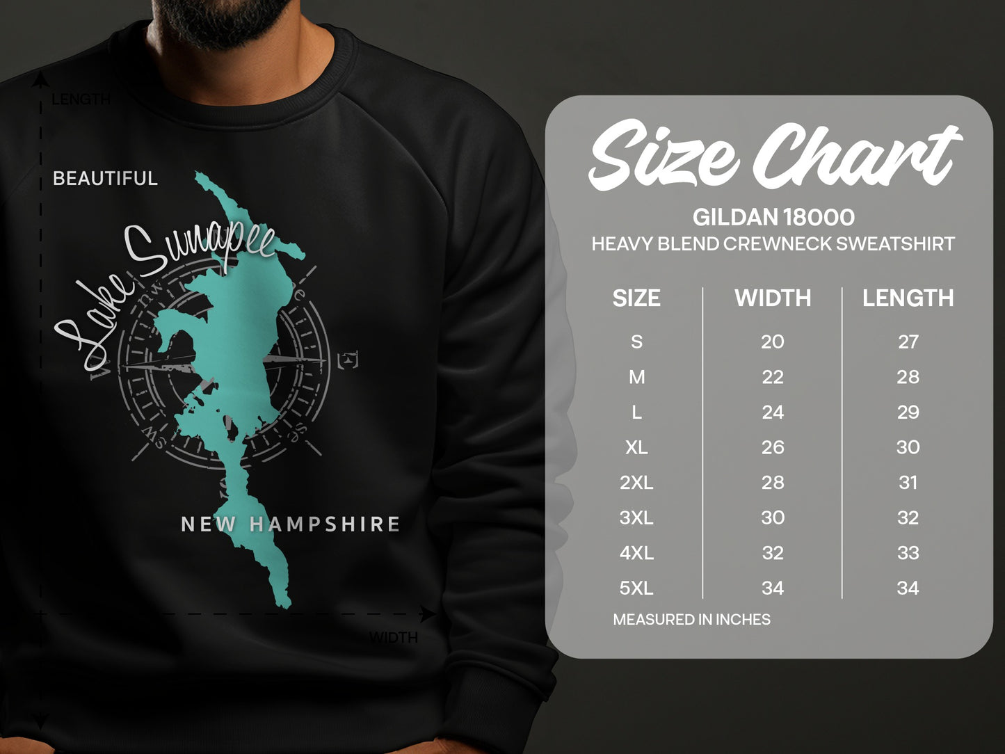 Lake Sunapee, New Hampshire graphic on crewneck sweatshirt size chart.