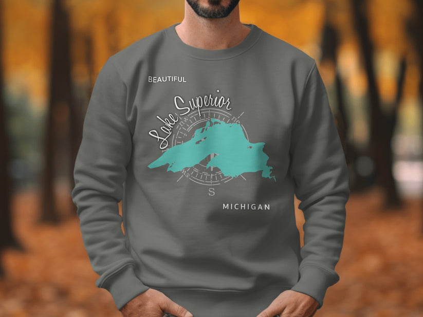 Sweatshirt with a turquoise map of Lake Superior and "Beautiful Lake Superior Michigan" text.
