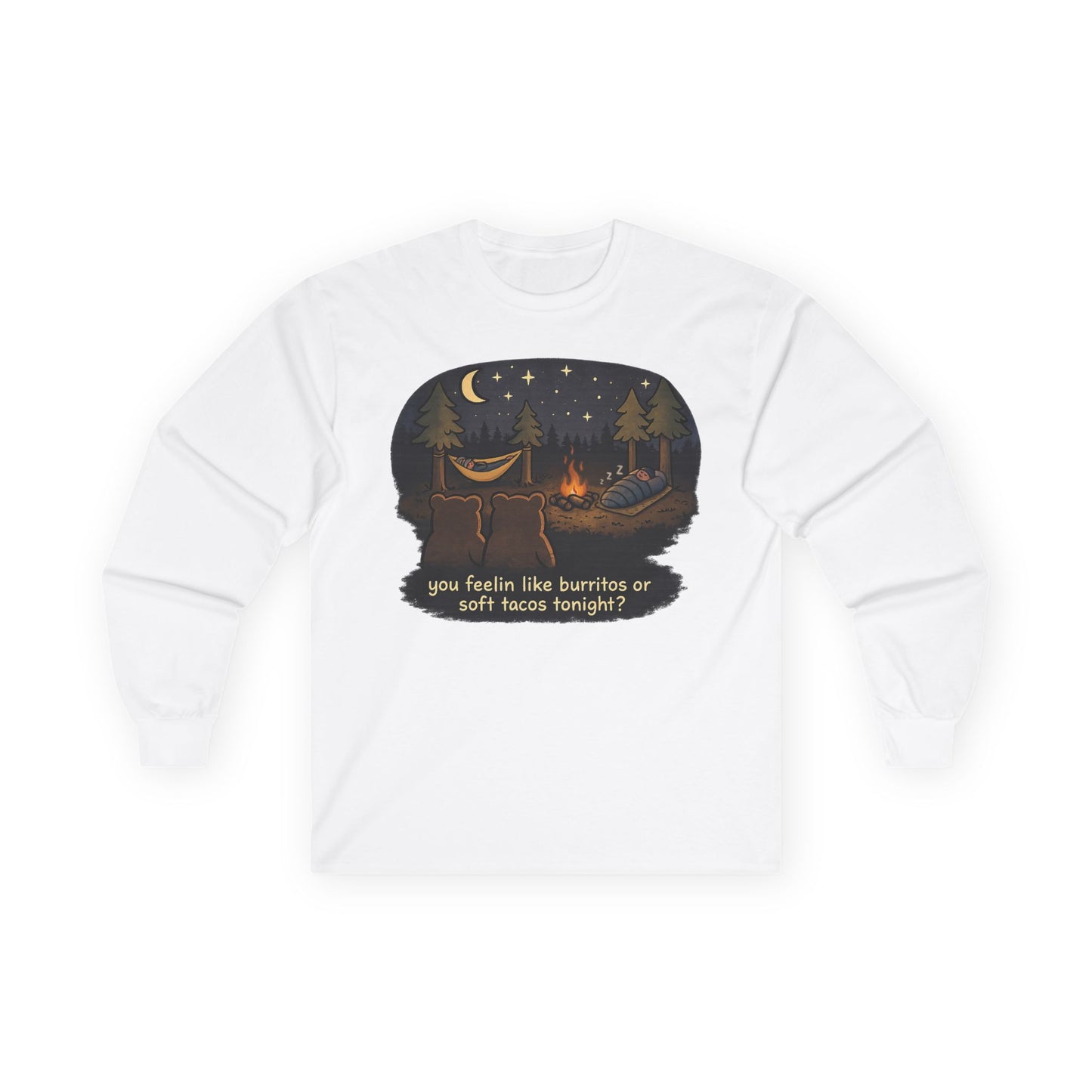 Campfire Bears Humor Long Sleeve T-Shirt, People in Sleeping Bags are Bear Burritos and Tacos Joke, Camping Hiking Shirt