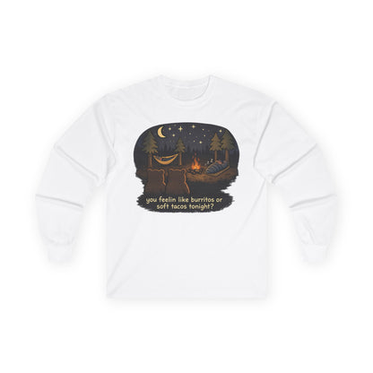 Campfire Bears Humor Long Sleeve T-Shirt, People in Sleeping Bags are Bear Burritos and Tacos Joke, Camping Hiking Shirt