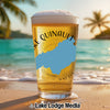 Glass of beer with "Lake Quinault Washington" and blue lake shape.