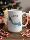 White mug with Lake Marion, South Carolina map and compass design.