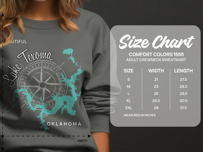 Lake Texoma Oklahoma map with size chart for Comfort Colors 1566 sweatshirt.