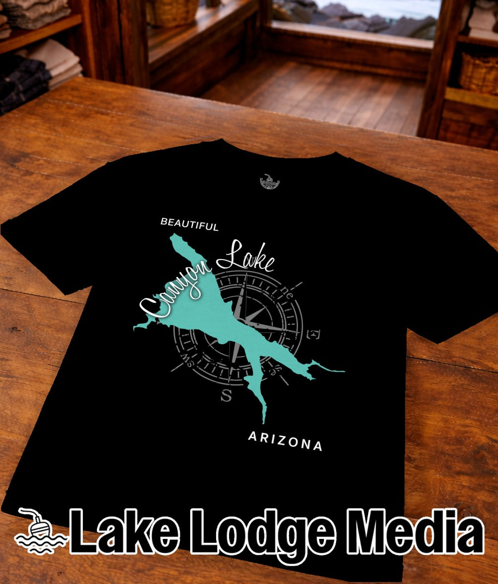 Black t-shirt with Canyon Lake Arizona map and compass design.