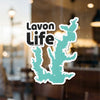 Lavon Life sticker featuring a teal lake outline with white border on glass.