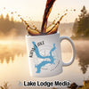 White mug with blue Kaw Lake, Oklahoma map and compass design.