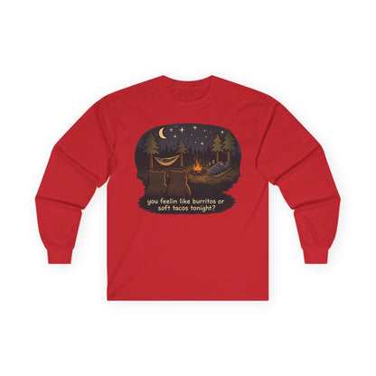 Campfire Bears Humor Long Sleeve T-Shirt, People in Sleeping Bags are Bear Burritos and Tacos Joke, Camping Hiking Shirt