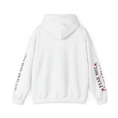 Fear Not Little Flock Hoodie with Printed Sleeves | Luke 12:32 Scripture Heart Design Bible Verse Gift | Share your faith