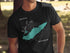 Black t-shirt with teal map of Lake Erie and compass rose.