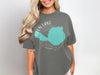 Gray t-shirt with teal Glen Lake, Michigan map graphic and compass.